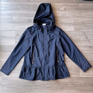Crown & Ivy Women’s Peplum Rain Coat Navy Blue Gold Medium Lightweight Fitted